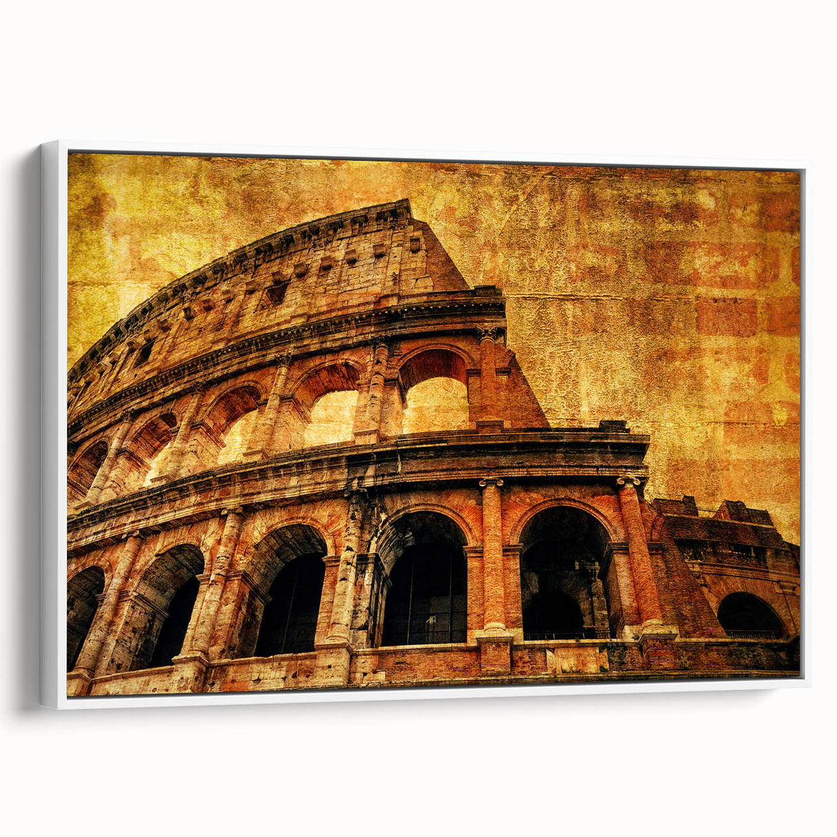 Vintage poster art of the Colosseum in muted color tones on a large framed canvas, ideal for living room decor.