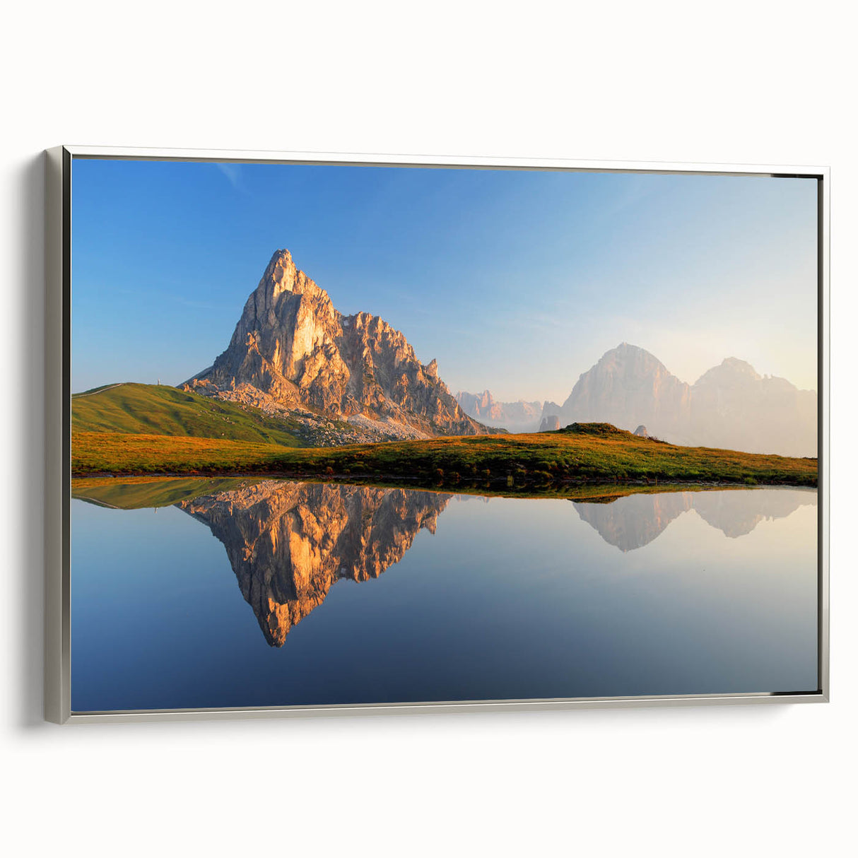 Landscape art painting of the Dolomites in muted earth tones on a framed canvas, ideal for living room decor.