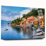 Acrylic print of Lake Como with a large abstract depiction in soft blue and green hues, ideal for bedroom or dining room art.