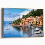Framed canvas of vintage Lake Como landscape in muted gold and black tones, ideal for bedroom wall art.