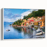 Vintage poster art of Lake Como with colorful imagery on a large framed canvas, ideal for living room decor.