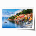 Rolled print of Lake Como with floral accents in soft pastel shades, suitable for dining room or bathroom wall art.