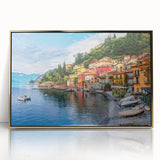 Mid-century modernist style large art print of Lake Como with muted blue and green tones on framed acrylic.