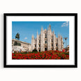 Abstract art print of Milan scenery in vibrant, colorful hues on a large textured canvas, framed in black.