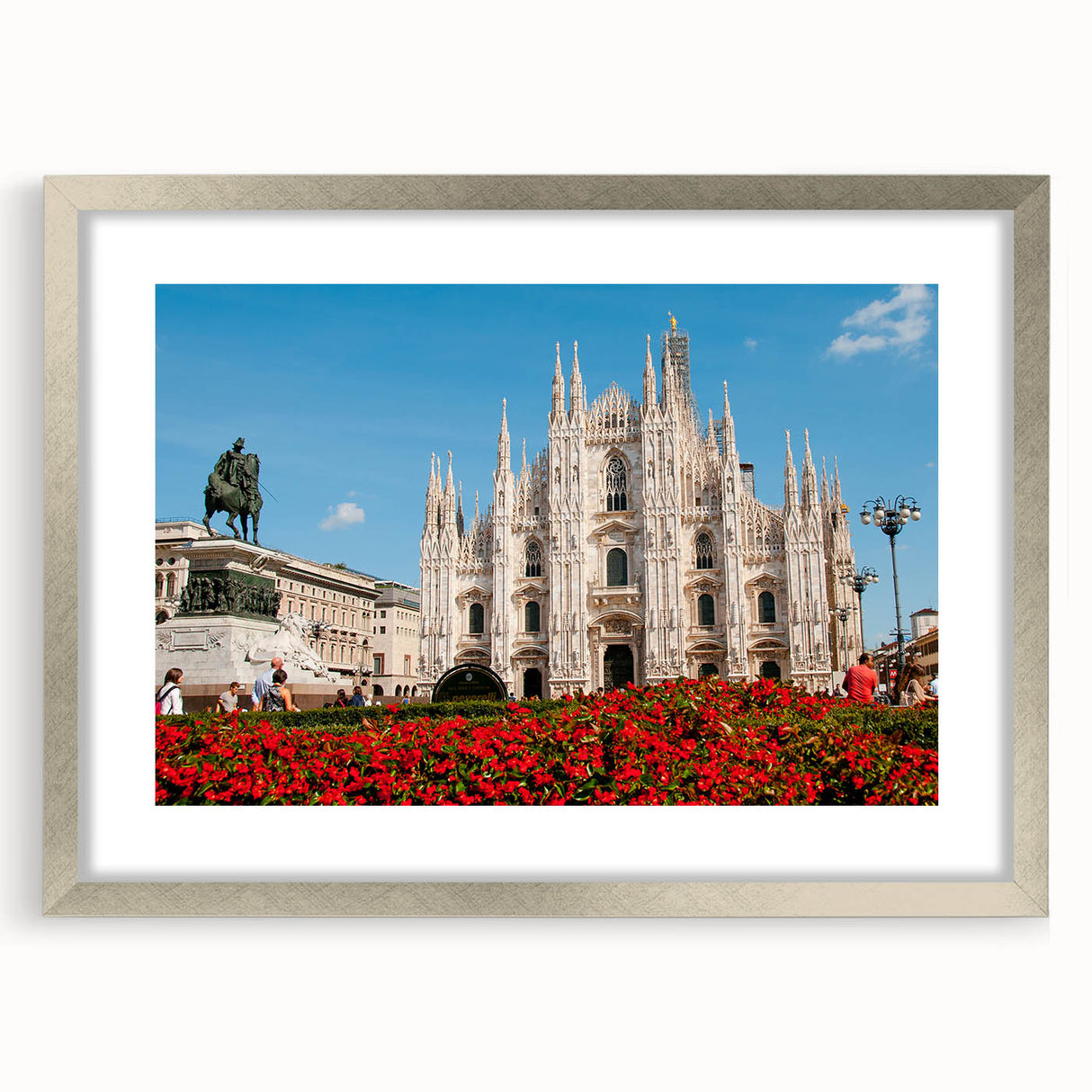 Extra large abstract art print of Milan scenery in muted earth tones on a framed canvas, ideal for living room decor.