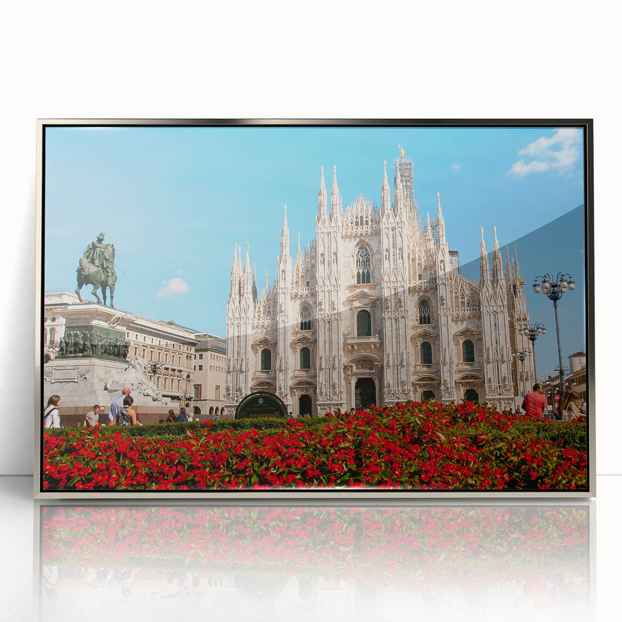 Large art print of Milan scenery in muted earth tones on a silver-framed acrylic, suitable for modern art wall decor.