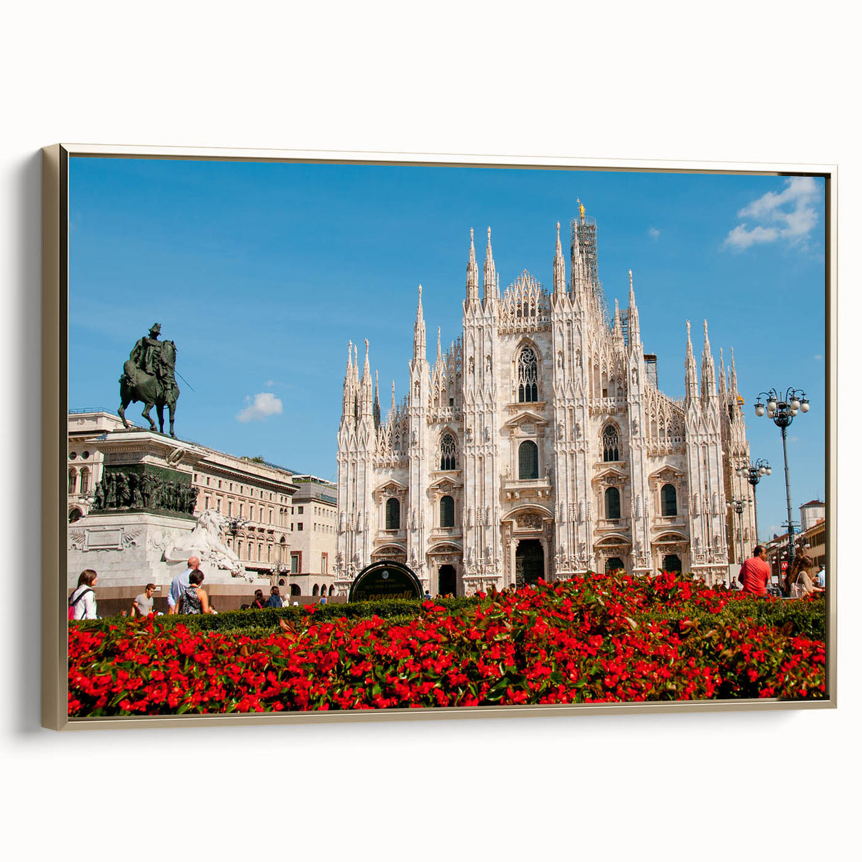 Framed canvas of a vintage-style Milan landscape in black and gold tones, ideal for bedroom wall art.
