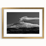 Abstract art print of Mount Etna in muted earth tones on a framed gold mat, ideal for dining room decor.
