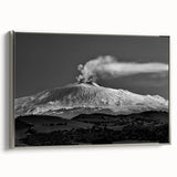 Landscape art painting of Mount Etna, featuring colorful art on a black background, framed in silver.