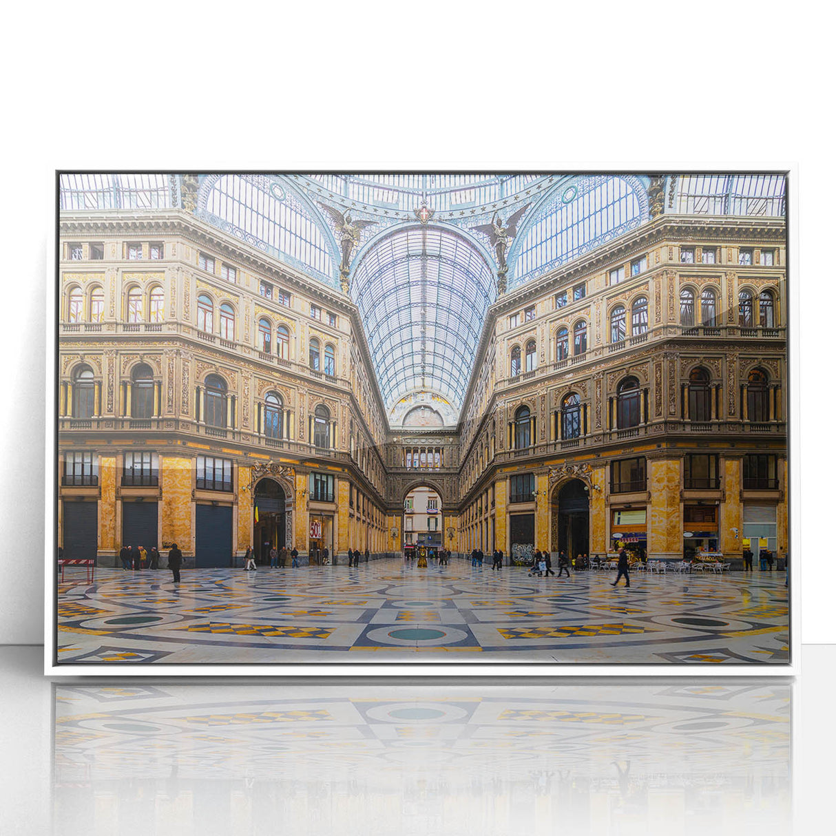 Mid-century modernist art of Naples scenery in muted blue and white tones on a framed acrylic.