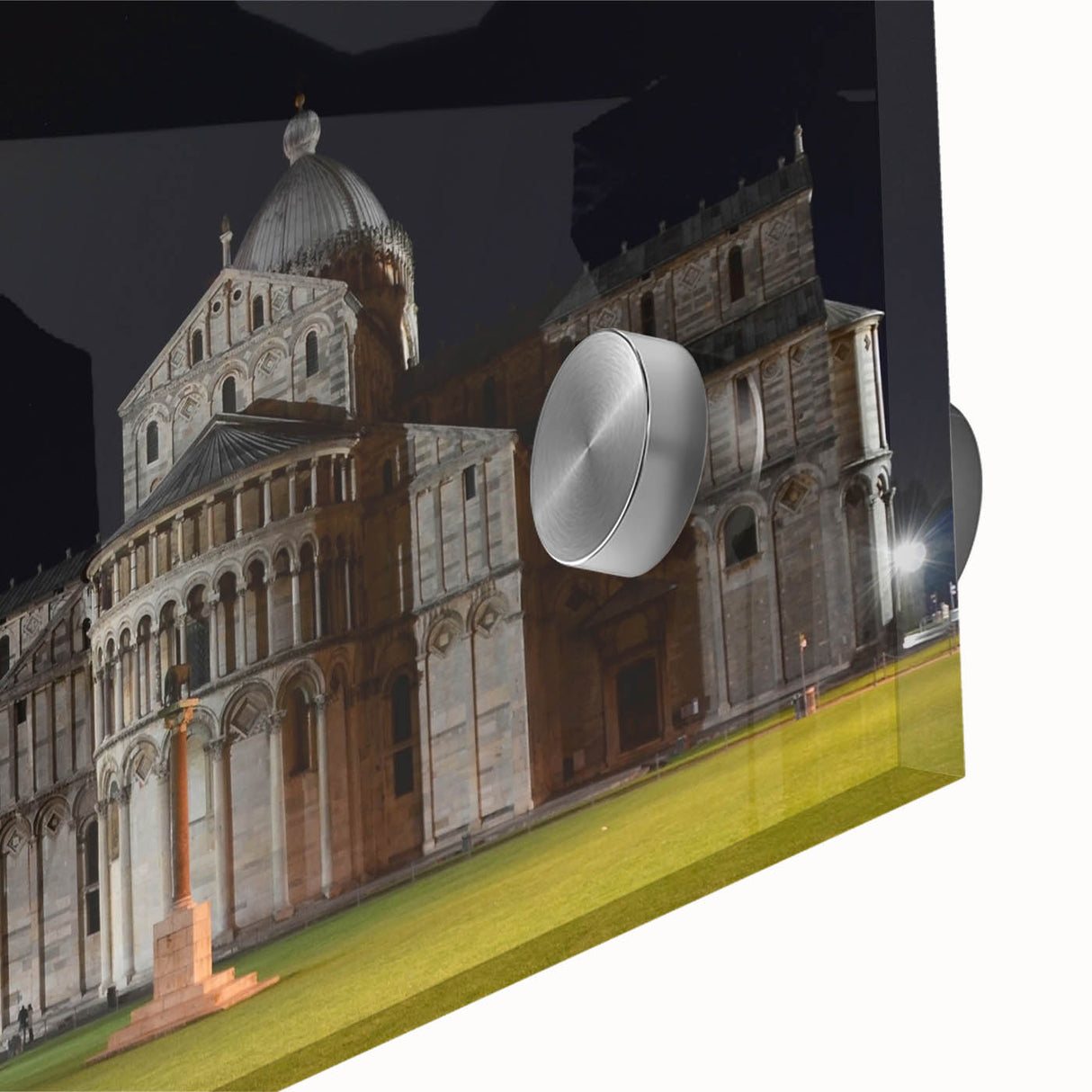 Acrylic print of a large abstract depiction of the Leaning Tower of Pisa in muted earth tones, ideal for dining room art.