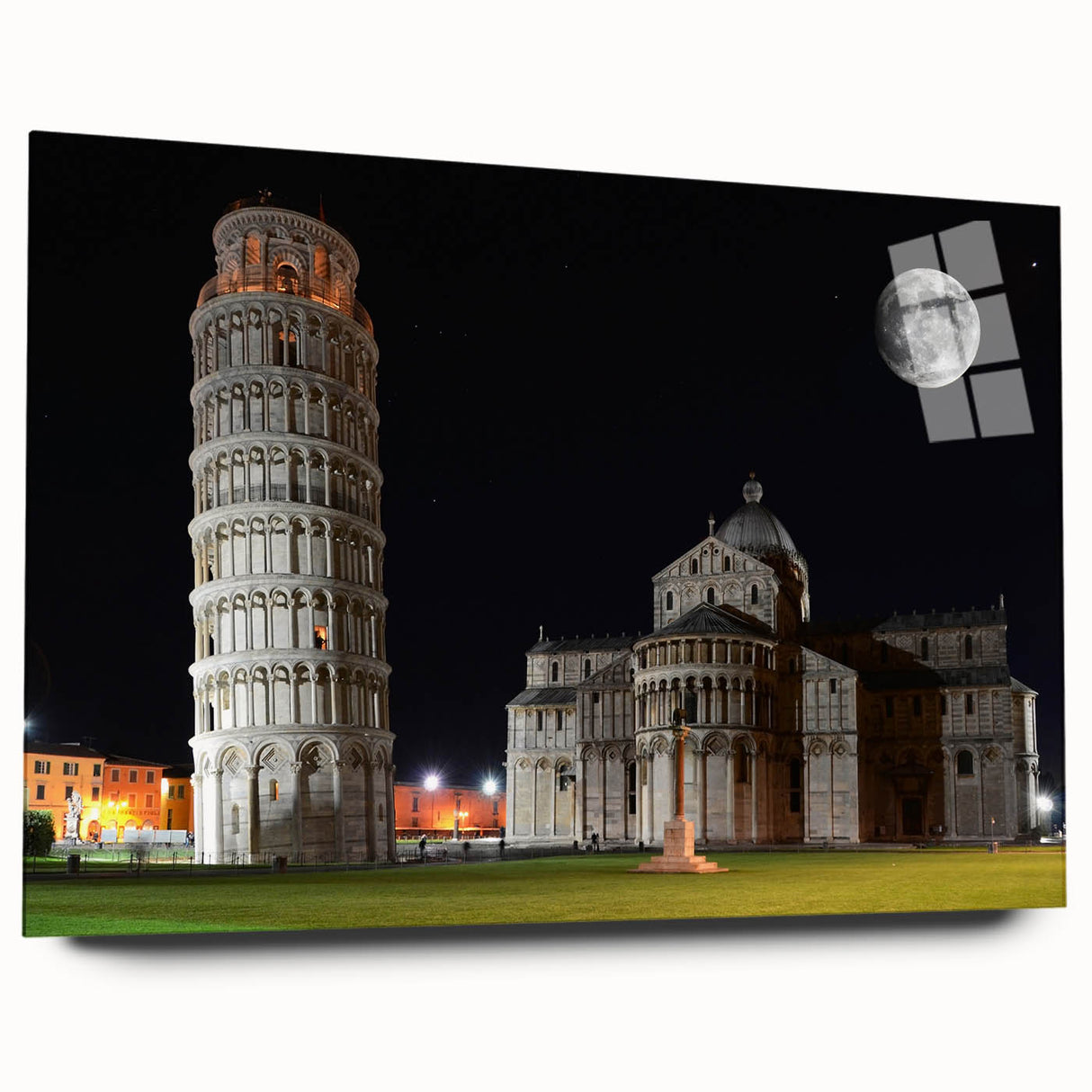 Side view of a large acrylic print of the Pisa skyline in muted earth tones, ideal for bedroom or dining room art.