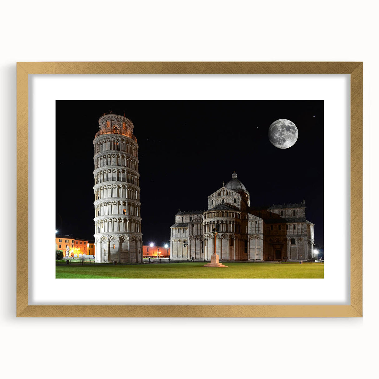 Abstract art print of the Leaning Tower of Pisa in muted gold and white tones, framed with a gold mat.