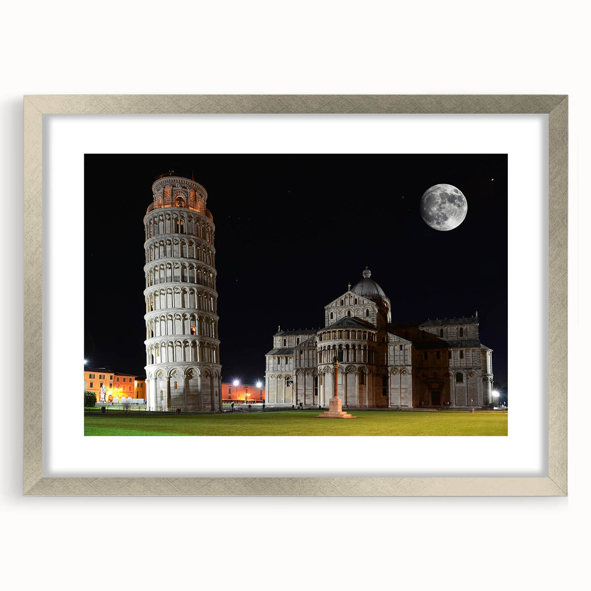 Extra large wall art of abstract Pisa scenery in textured style, with muted earth tones, framed in silver.