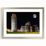Extra large wall art of abstract Pisa scenery in textured style, with muted earth tones, framed in silver.