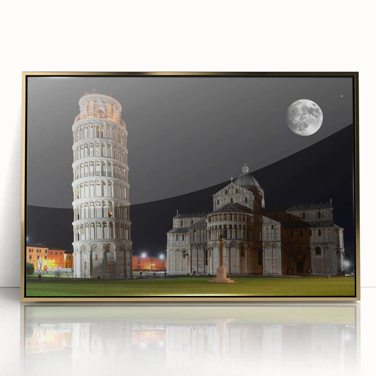 Art deco poster of Pisa, Italy in acrylic with gold frame, featuring muted earth tones, ideal for modern art wall decor.