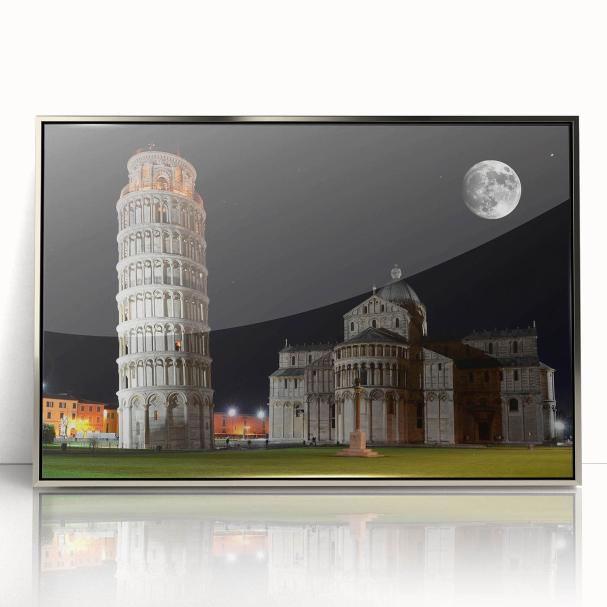 Mid-century modernist style acrylic print of the Pisa Tower in muted earth tones, ideal for modern art wall decor.