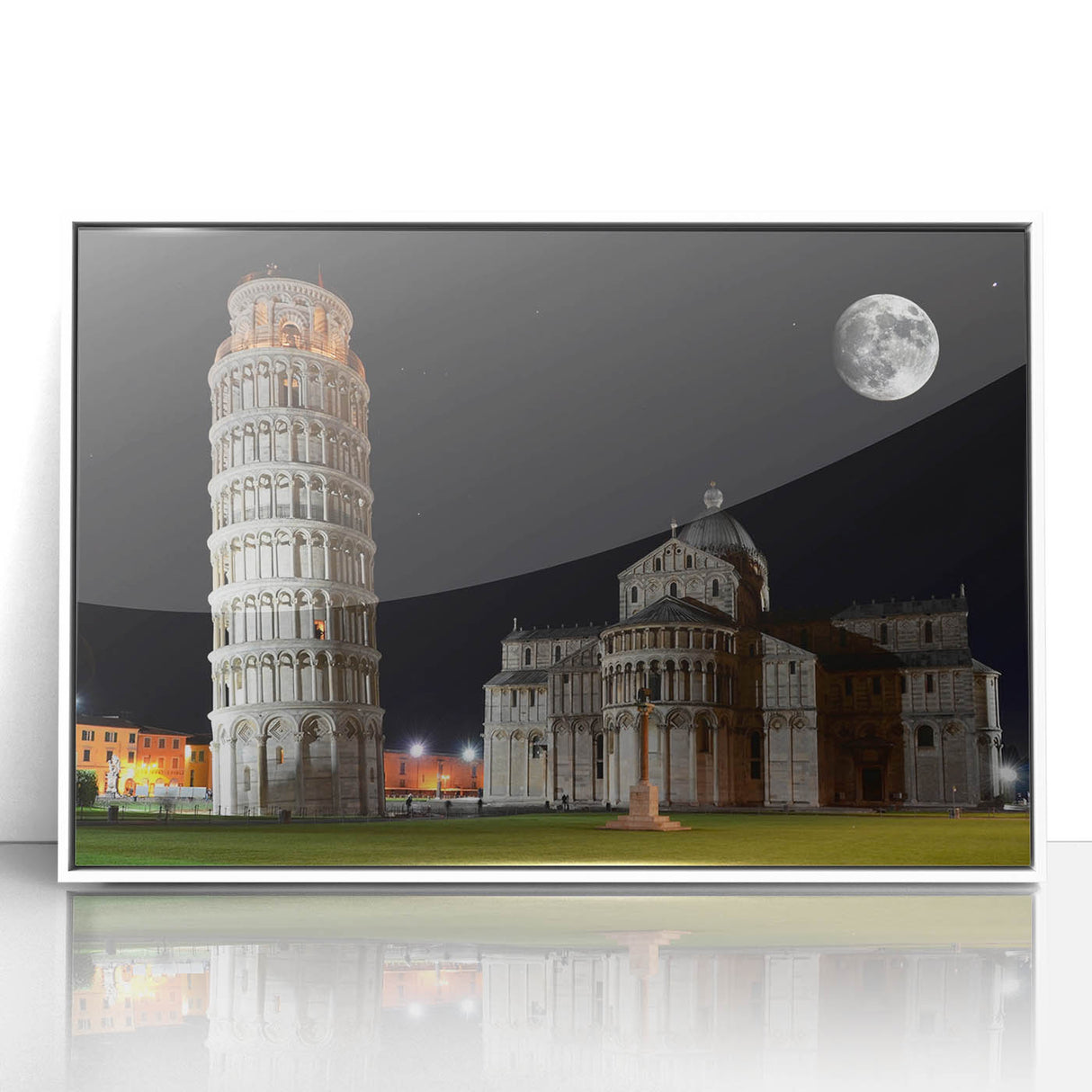 Mid-century modernist art depicting the Leaning Tower of Pisa in muted earth tones on white acrylic.
