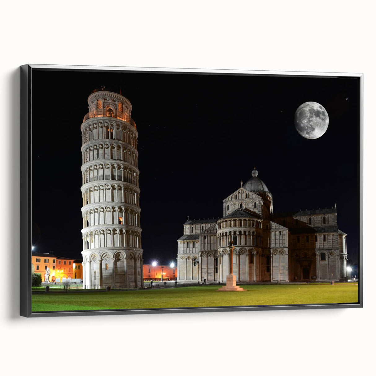 Black and white framed canvas of the Leaning Tower of Pisa in vintage poster style, suitable for bedroom wall decor.