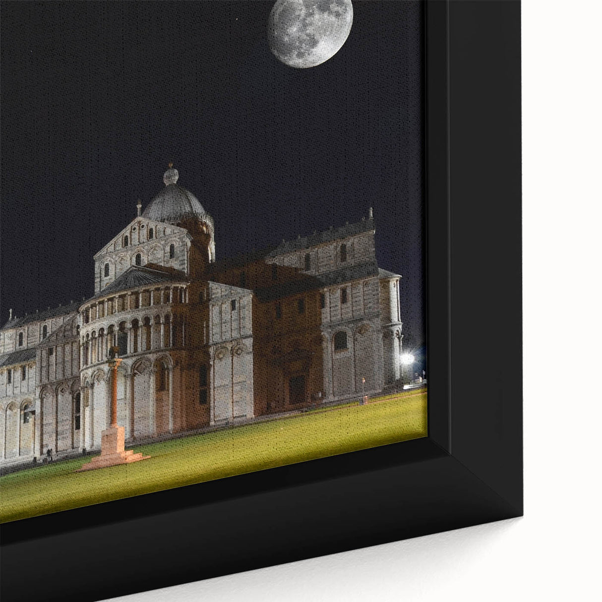 Extra large framed canvas of a black textured depiction of the Leaning Tower of Pisa, highlighted with colorful accents.