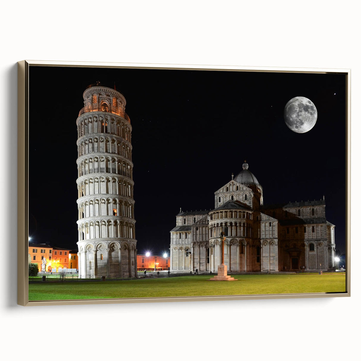 Framed canvas of vintage Pisa landscape in muted gold and black tones, ideal for bedroom wall art.