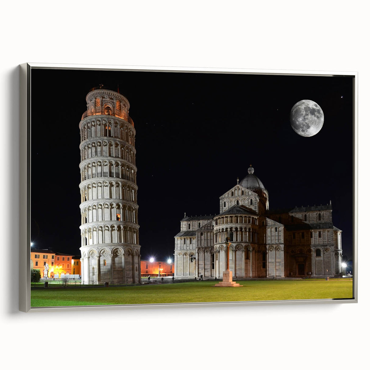 Landscape art painting of Pisa, Italy, featuring vibrant colors on a black background, framed in silver.