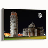 Landscape art painting of Pisa, Italy, featuring vibrant colors on a black background, framed in silver.