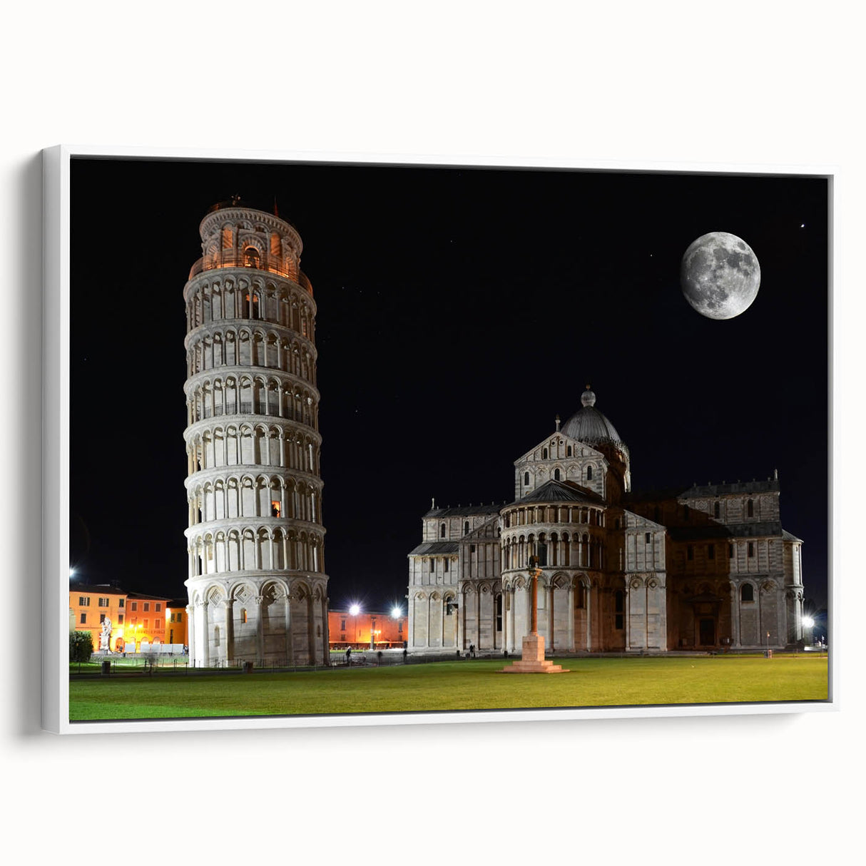 Vintage poster art of the Leaning Tower of Pisa in a black framed canvas, featuring multicolored accents.