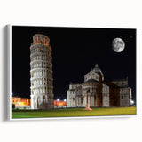 Vintage poster art of the Leaning Tower of Pisa in a black framed canvas, featuring multicolored accents.