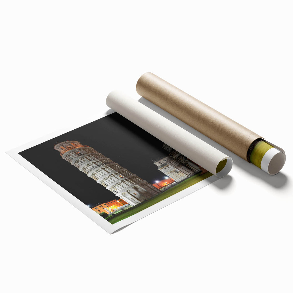 Rolled print of the Leaning Tower of Pisa in muted sepia tones, ideal for classy bathroom wall art.