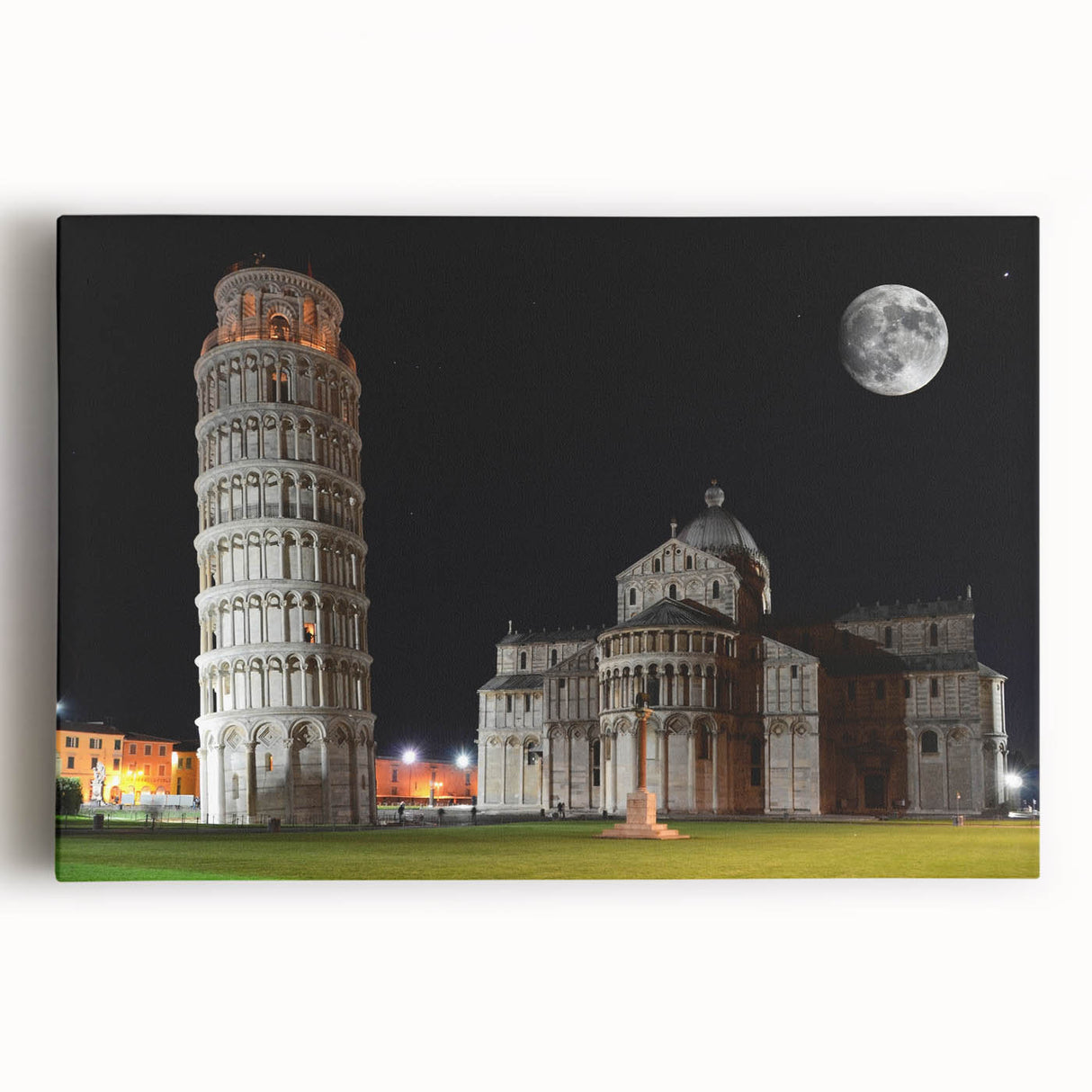 Black and white stretched canvas of the Leaning Tower of Pisa, ideal for kitchen wall art.