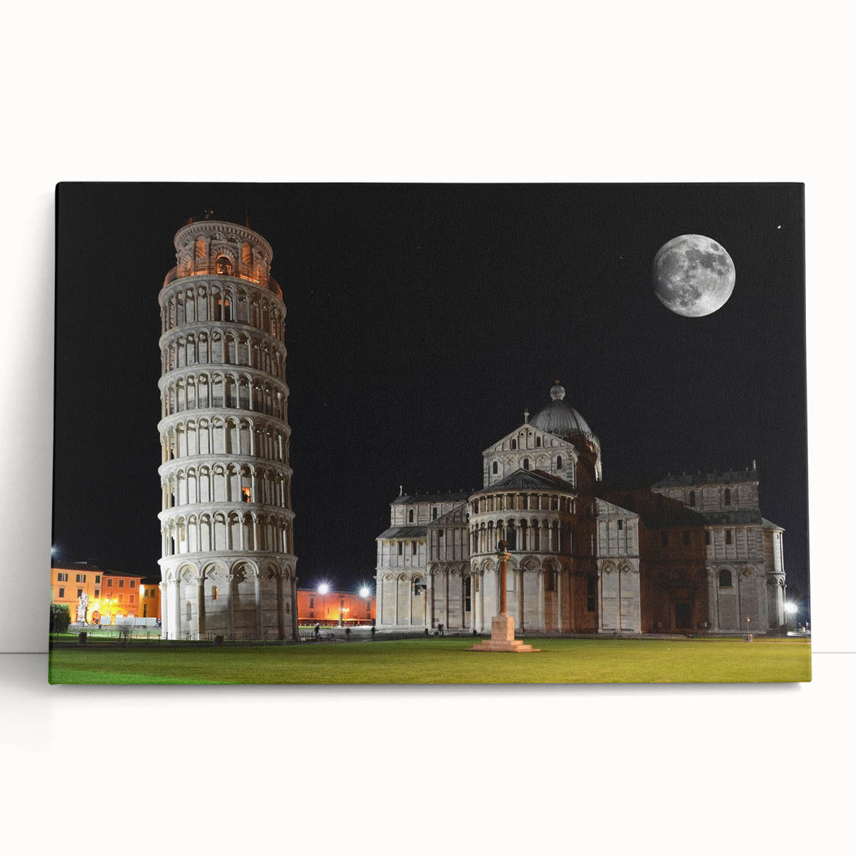 Black and white image of the Leaning Tower of Pisa on stretched canvas, ideal for kitchen wall art.