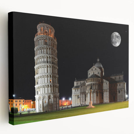 Side view of a large stretched canvas featuring a scenic image of the Leaning Tower of Pisa in muted earth tones.