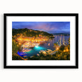 Extra large abstract art print of Portofino, Italy, featuring vibrant, colorful textures on a framed black mat.