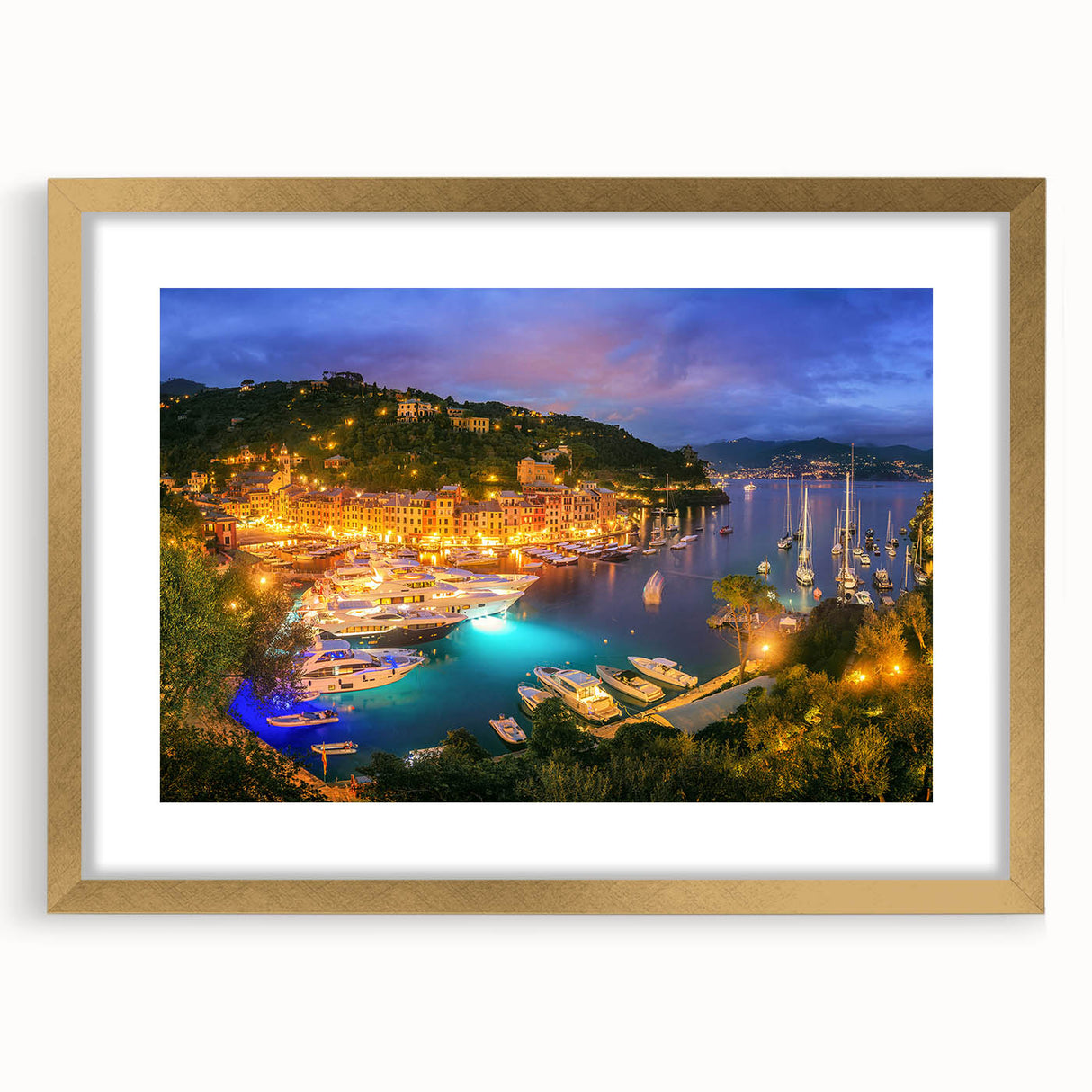Abstract art print of Portofino, Italy, in pastel shades on a gold-framed canvas, suitable for bedroom or dining room decor.
