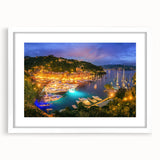Textured art print of Portofino, Italy, in abstract style with vibrant colors on a framed white mat, ideal for bedroom art.