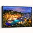 Black and white landscape art painting of Portofino, Italy on framed canvas, suitable for bedroom wall decor.