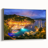 Landscape art painting of Portofino, Italy in vibrant colors on a framed canvas, ideal for living room decor.