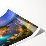 Extra large wall art featuring line art flowers over a scenic Portofino backdrop, printed on rolled canvas.