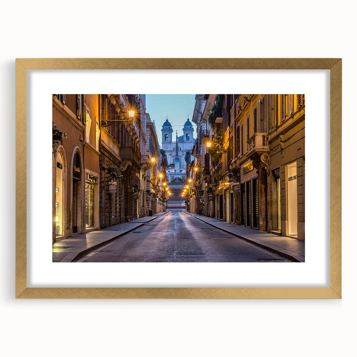 Abstract art print of Rome with muted gold and ivory tones on a framed canvas, suitable for dining room decor.