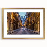 Abstract art print of Rome with muted gold and ivory tones on a framed canvas, suitable for dining room decor.
