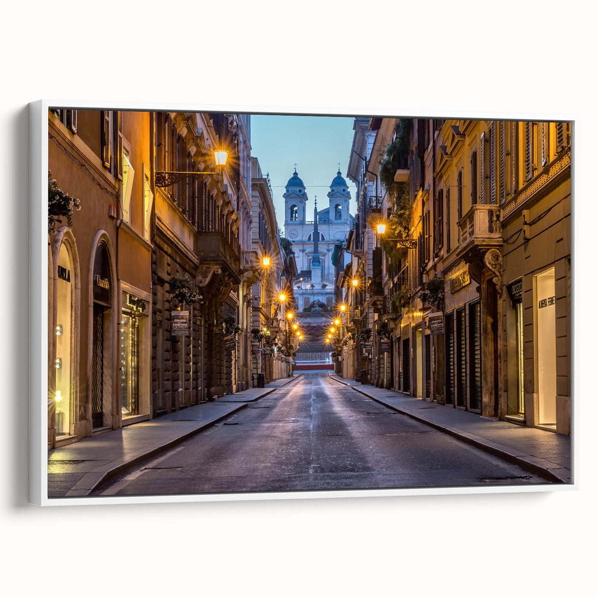 Vintage poster art of Rome with colorful scenery on a large framed canvas, ideal for living room decor.