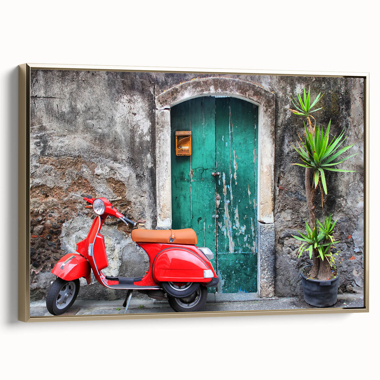 Framed canvas of a vintage Sicilian landscape in black and gold tones, ideal for bedroom wall art.