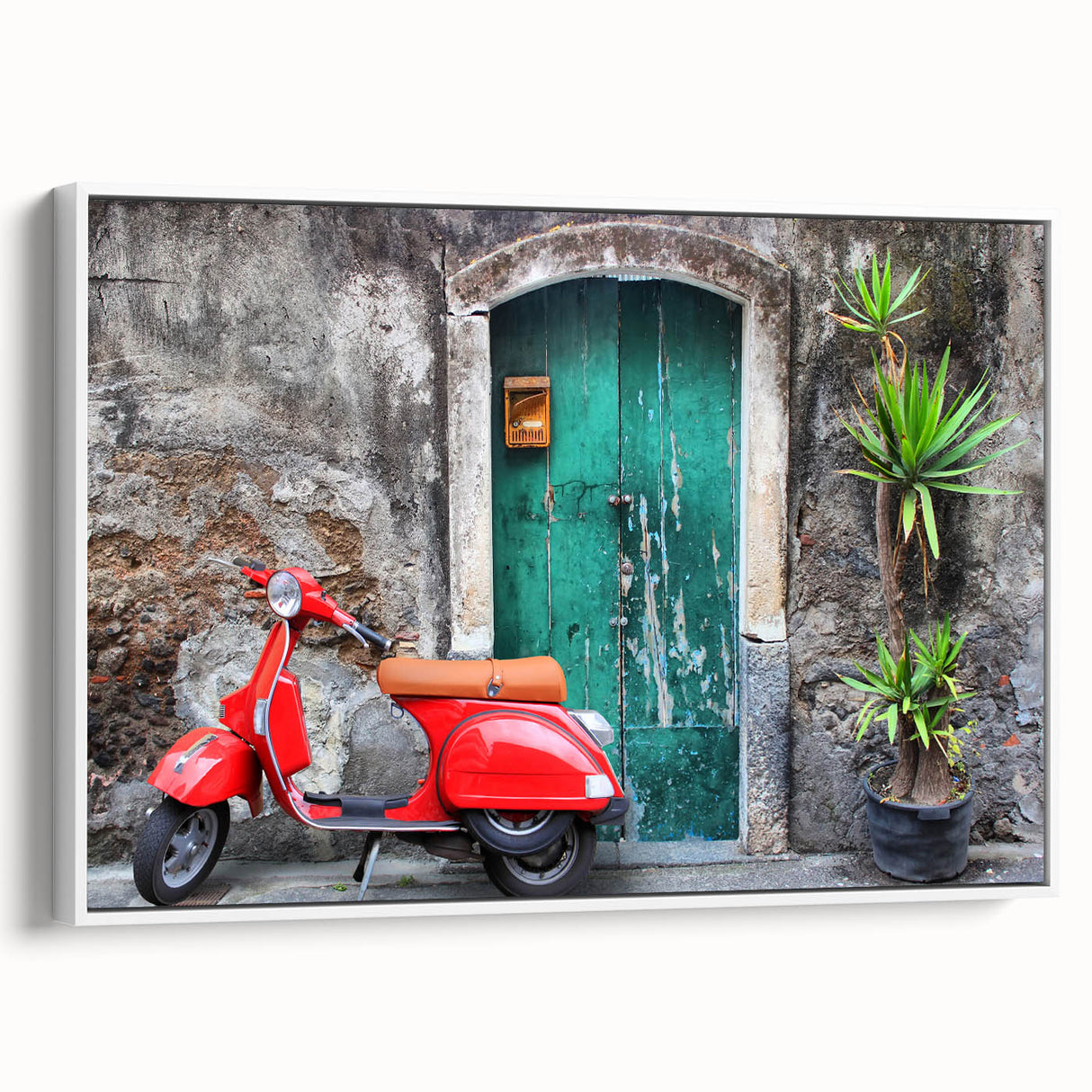 Vintage poster art of a Sicilian landscape on a framed canvas, featuring vibrant colors, ideal for living room decor.