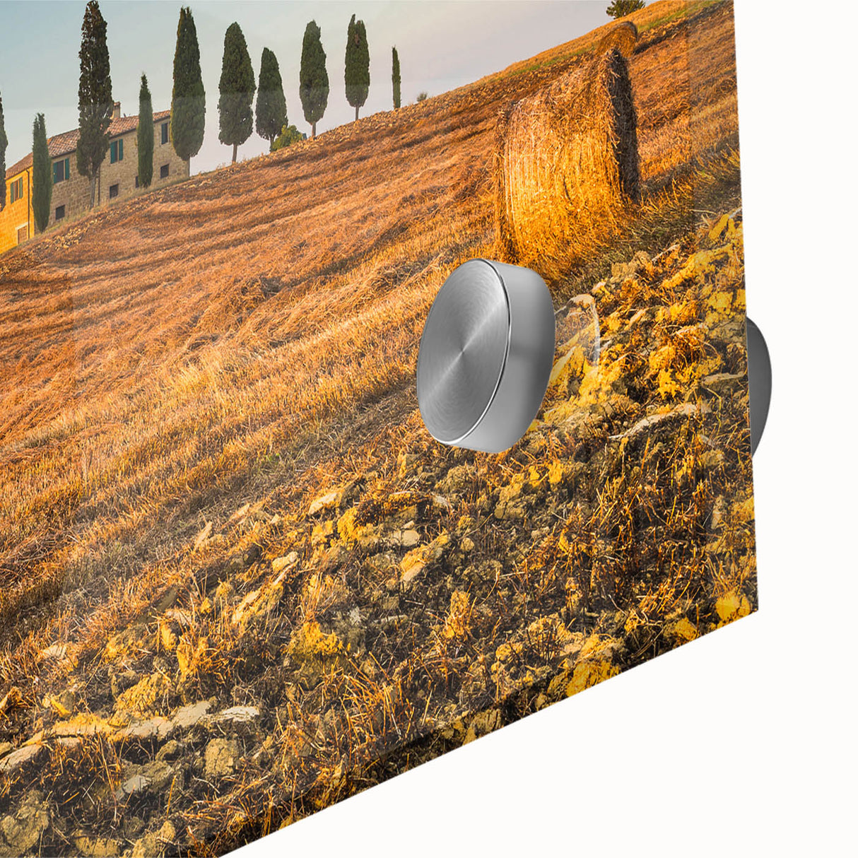 Large abstract depiction of Tuscany landscape in muted earth tones on acrylic glass, suitable for dining room art.