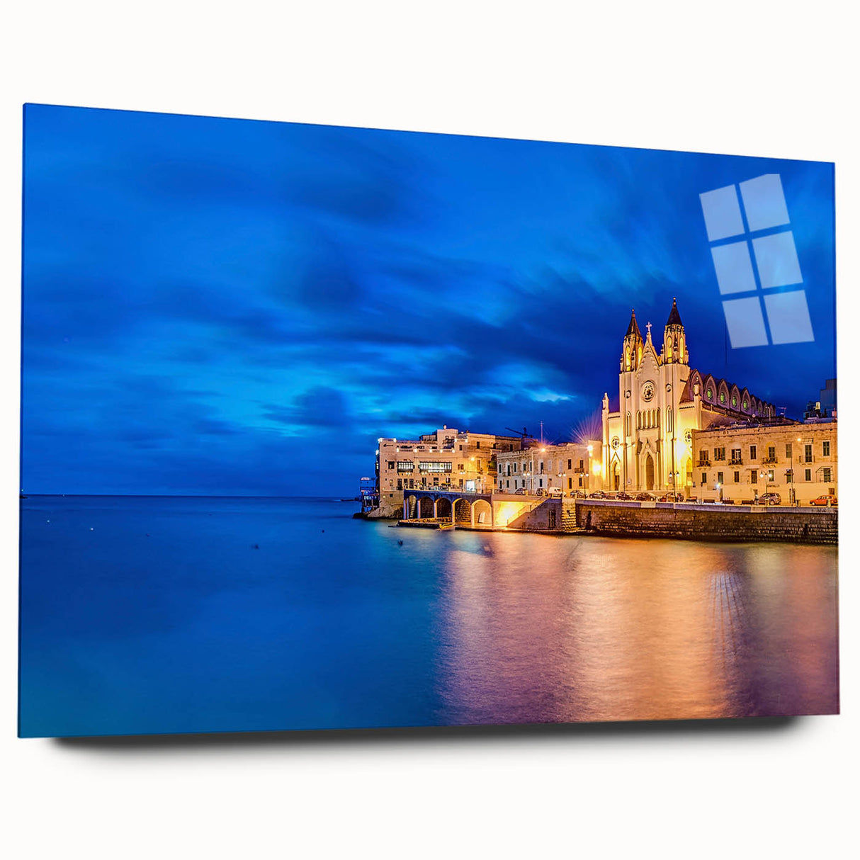 Acrylic print of a large abstract depiction of Malta's scenery in muted earth tones, ideal for bedroom or dining room art.
