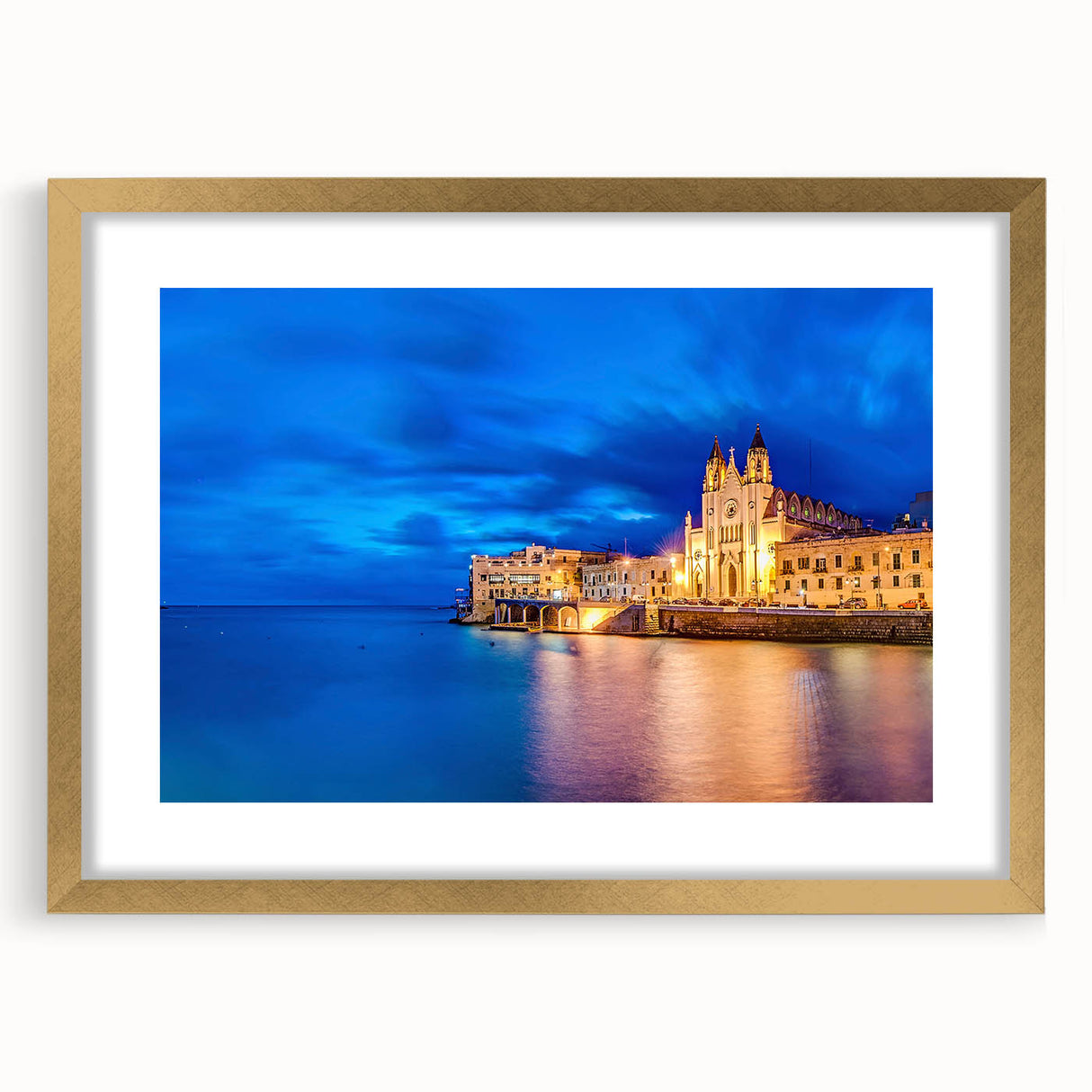 Abstract art print of Malta scenery in muted earth tones, framed with a gold mat, suitable for dining room decor.