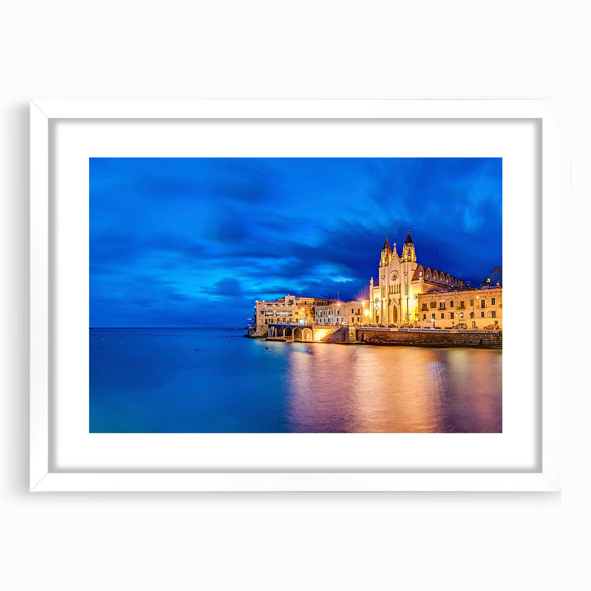 Textured abstract art print of a European scenery in Malta, displayed in a white frame with mat, suitable for bedroom decor.