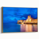 Framed canvas depicting a vintage-style landscape of Malta with a black and gold color scheme, ideal for bedroom wall decor.