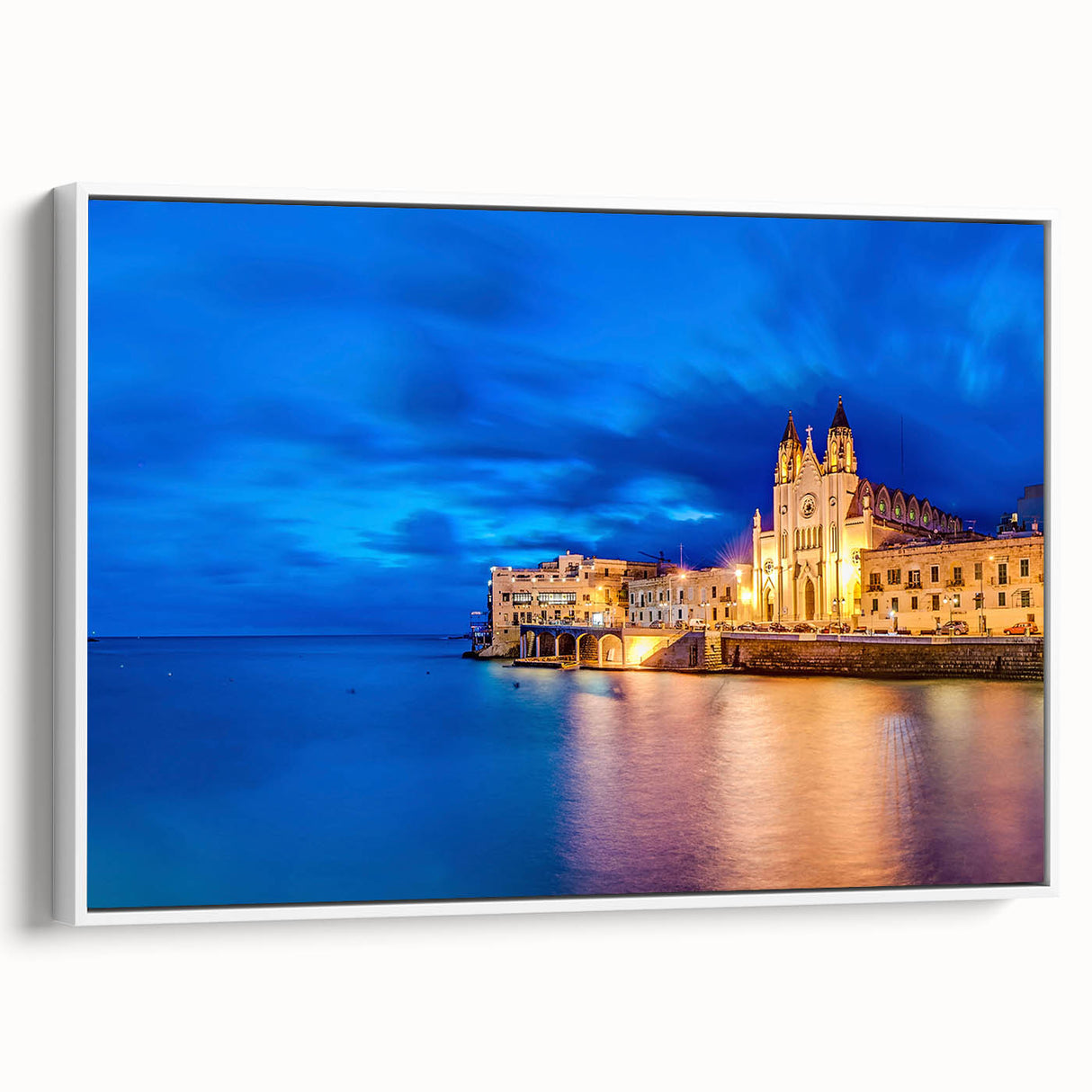 Vintage poster art of a scenic Malta landscape on framed canvas, featuring vibrant, colorful imagery.